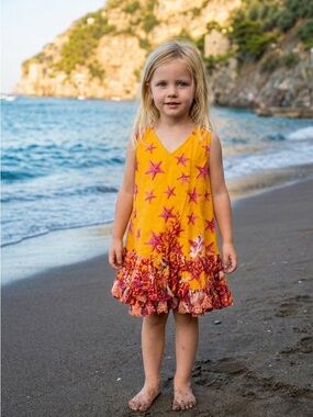 Antica Sartoria mommy & Me Yellow Starfish Ruffle Hem Girls' Beach Dress S/M